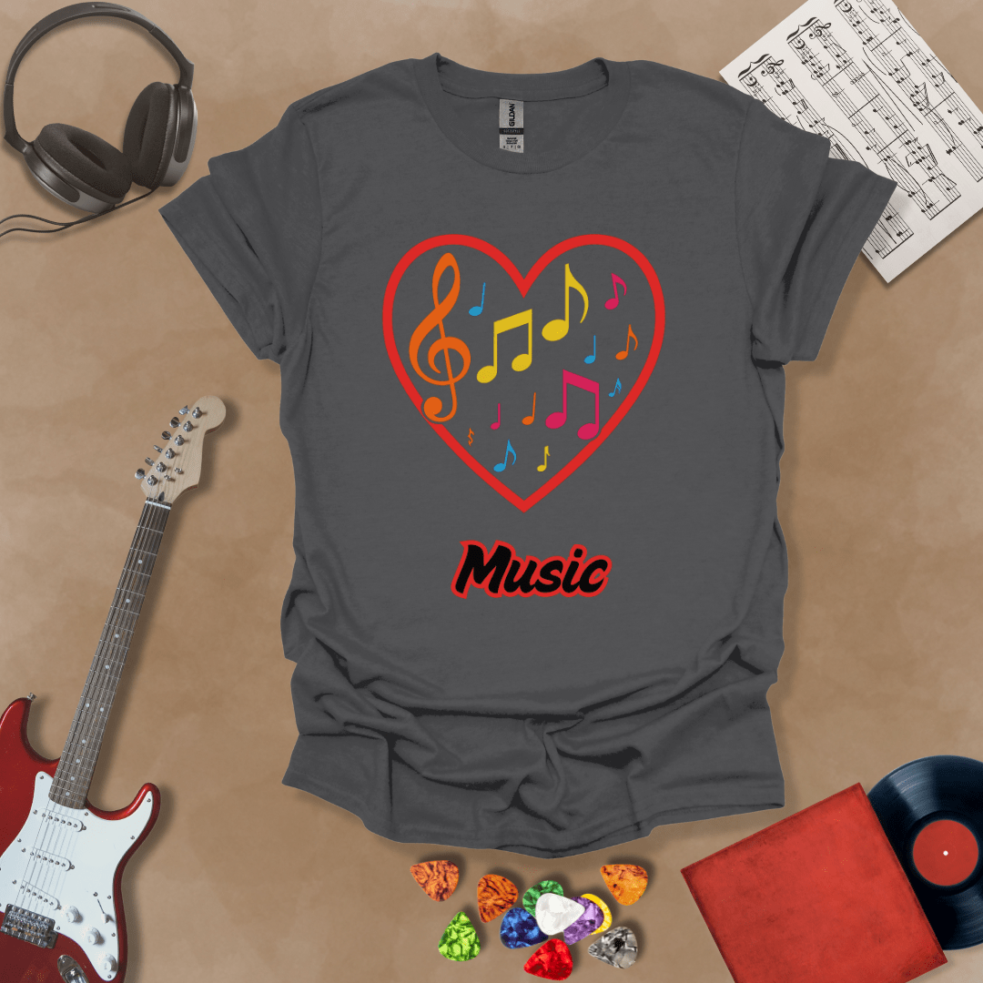 Gray  t-shirt with red heart outline filled with colorful music notes and treble clef, “Music” text below.