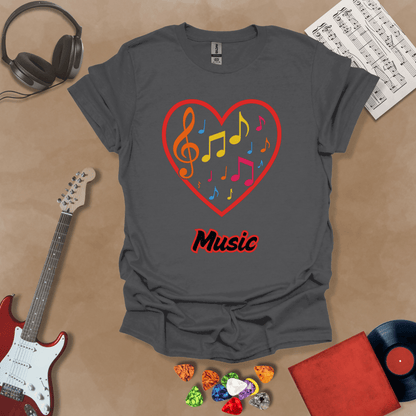 Gray  t-shirt with red heart outline filled with colorful music notes and treble clef, “Music” text below.