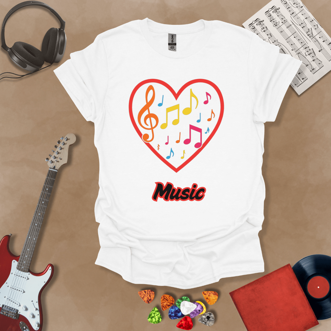 White t-shirt with red heart outline filled with colorful music notes and treble clef, “Music” text below.