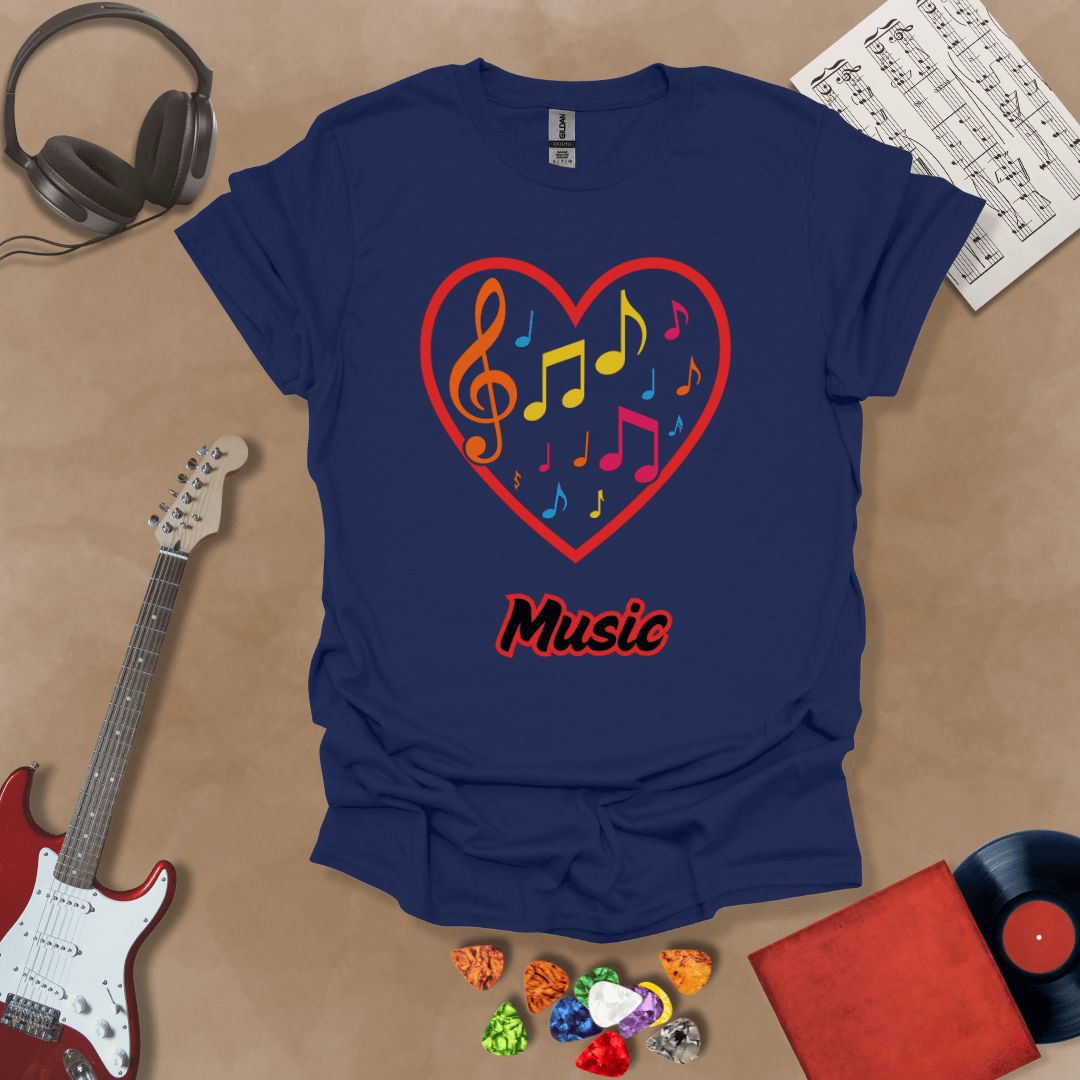 blue  t-shirt with red heart outline filled with colorful music notes and treble clef, “Music” text below.