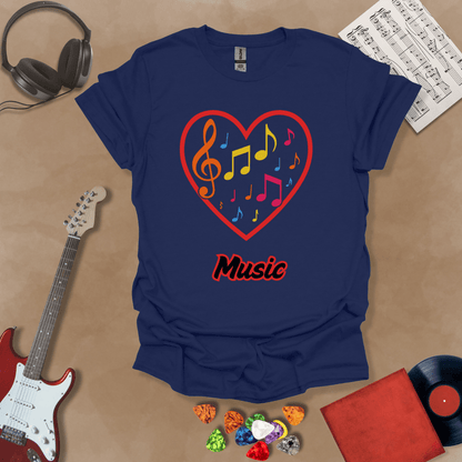 blue  t-shirt with red heart outline filled with colorful music notes and treble clef, “Music” text below.