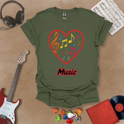 Green  t-shirt with red heart outline filled with colorful music notes and treble clef, “Music” text below.
