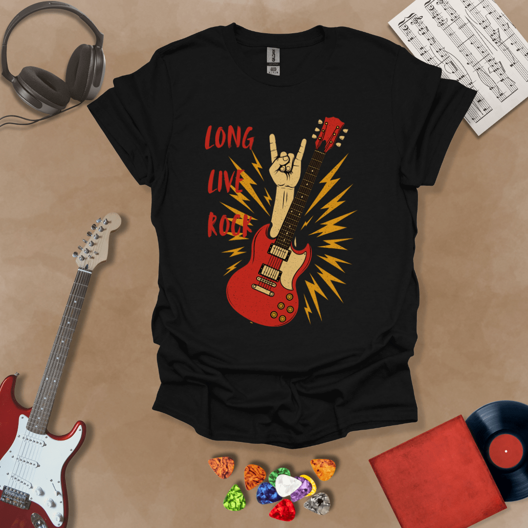 Black T-shirt with bold distressed graphic and text “Long Live Rock.”