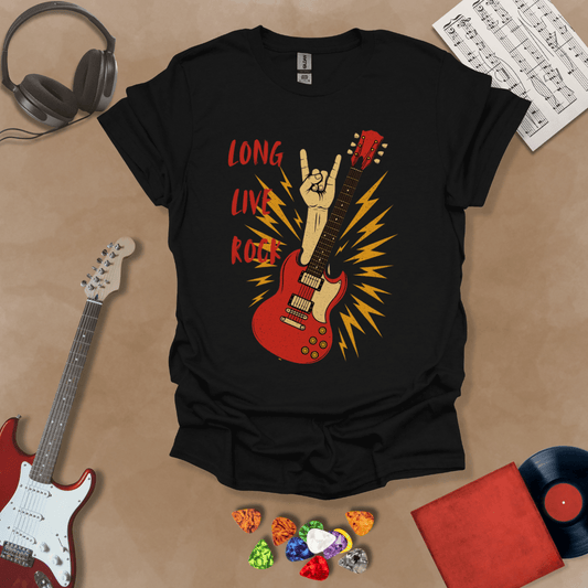 Black T-shirt with bold distressed graphic and text “Long Live Rock.”