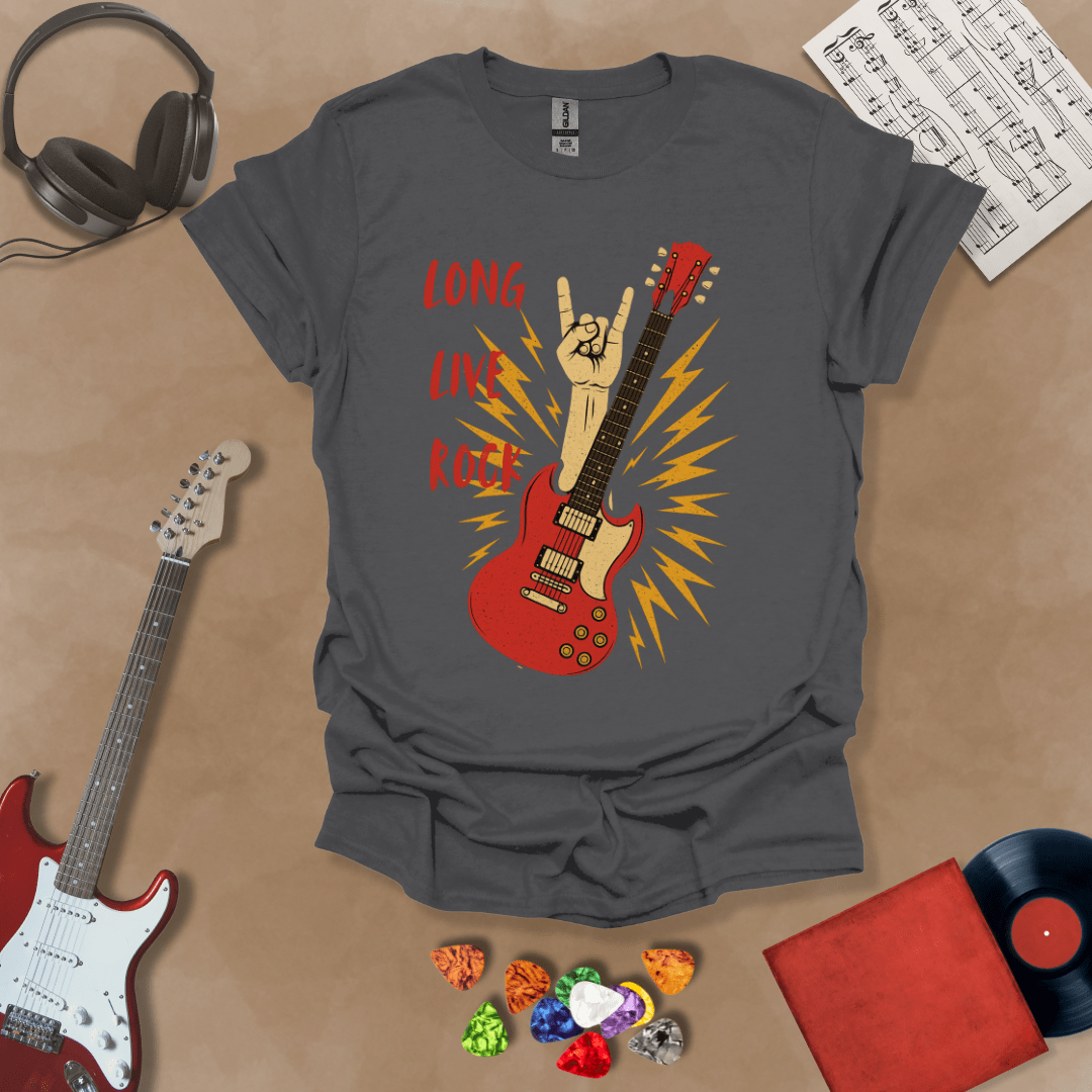 Gray T-shirt with bold distressed graphic and text “Long Live Rock.”