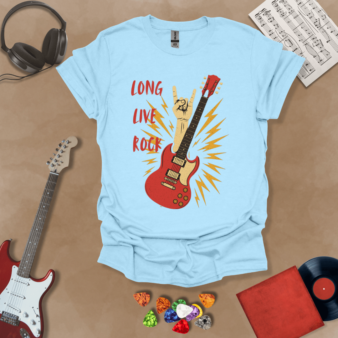 Blue  T-shirt with bold distressed graphic and text “Long Live Rock.”