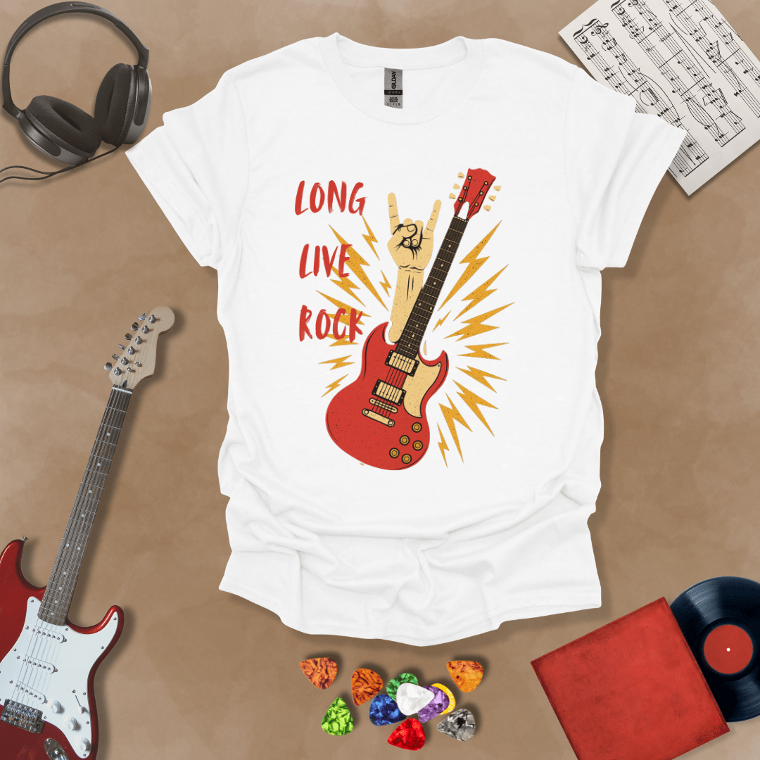 White T-shirt with bold distressed graphic and text “Long Live Rock.”