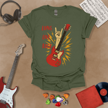 Green T-shirt with bold distressed graphic and text “Long Live Rock.”