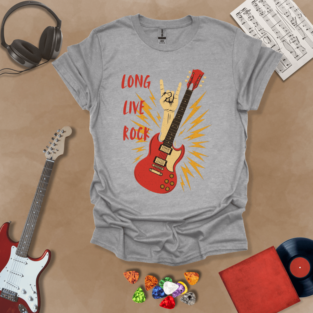 Gray T-shirt with bold distressed graphic and text “Long Live Rock.”
