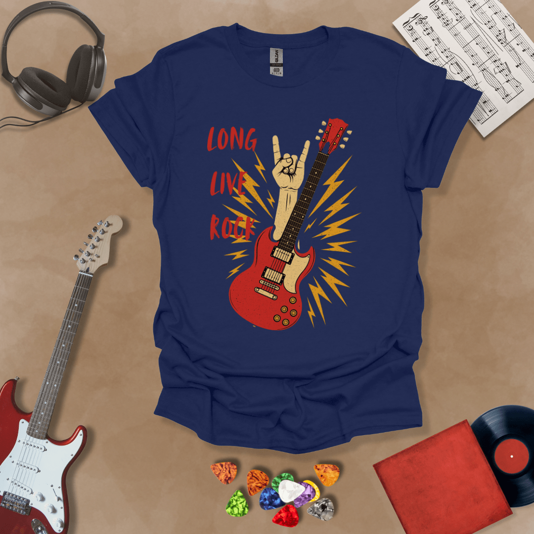 Blue T-shirt with bold distressed graphic and text “Long Live Rock.”