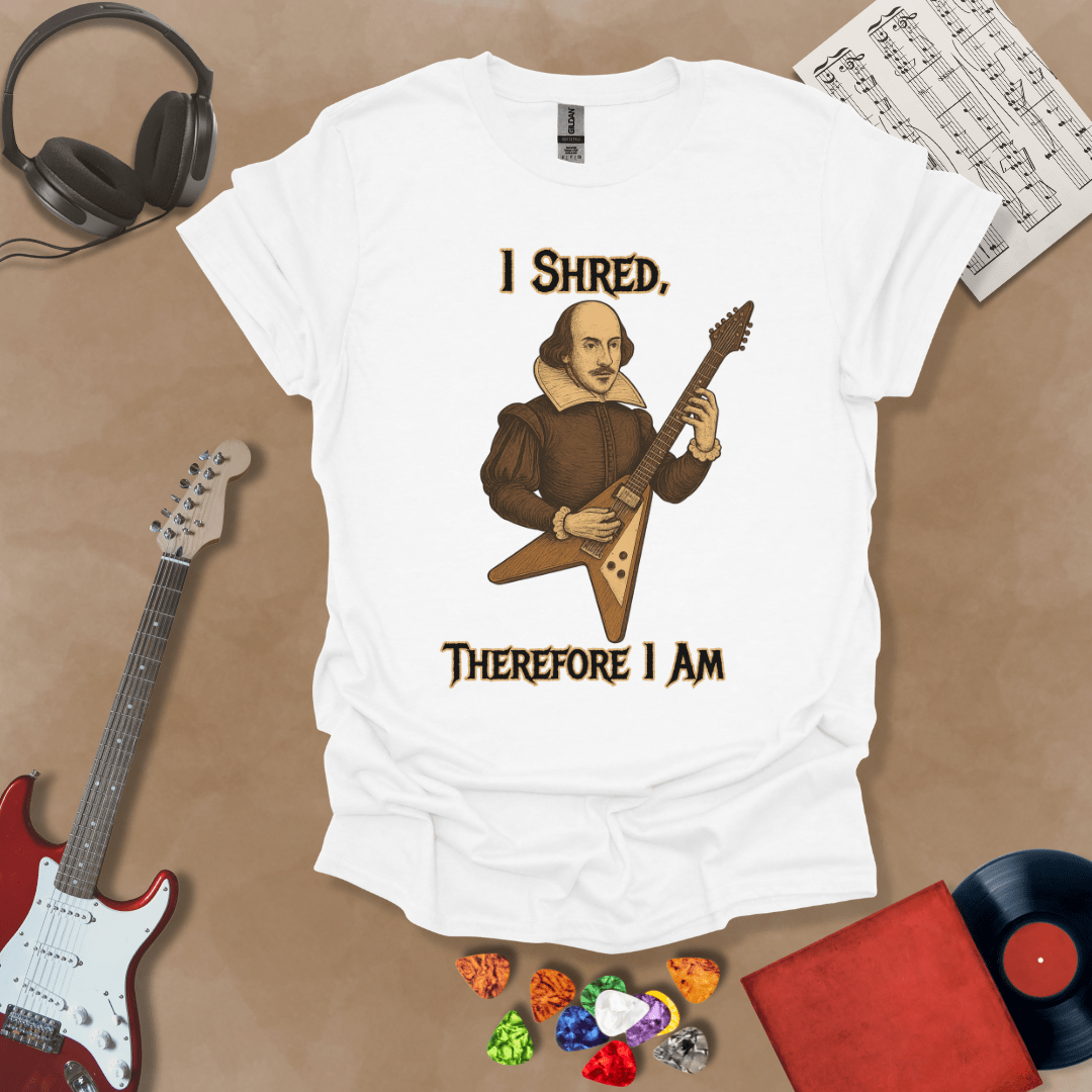 Medieval-inspired white t-shirt with bold lettering “I Shred, Therefore I Am” and guitar art.