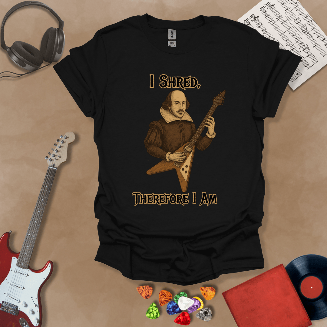 Medieval-inspired black t-shirt with bold lettering “I Shred, Therefore I Am” and guitar art.