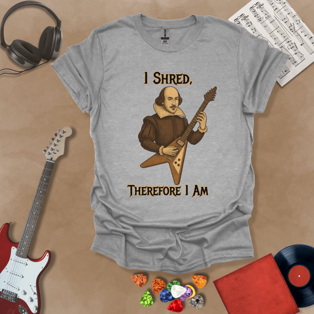 Medieval-inspired gray t-shirt with bold lettering “I Shred, Therefore I Am” and guitar art.