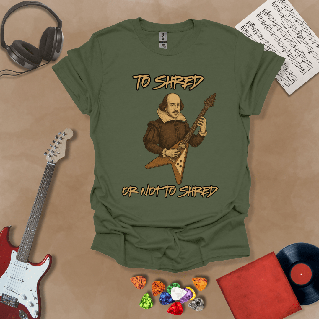 Green Shakespeare-inspired t-shirt design with text “To Shred or Not to Shred,” paired with guitar artwork.