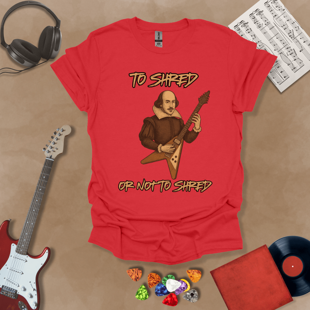 Red Shakespeare-inspired t-shirt design with text “To Shred or Not to Shred,” paired with guitar artwork.