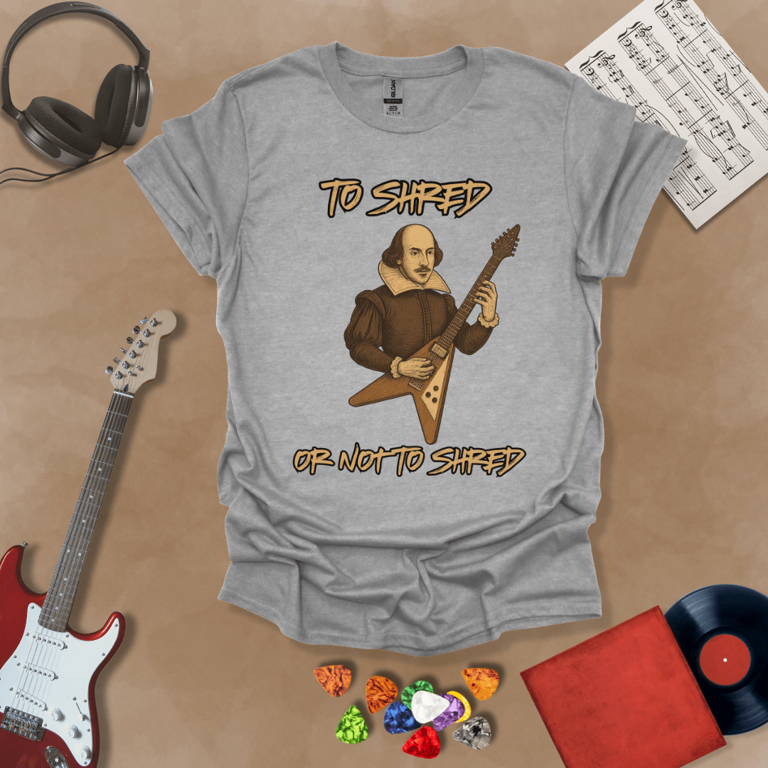 Gray Shakespeare-inspired t-shirt design with text “To Shred or Not to Shred,” paired with guitar artwork.
