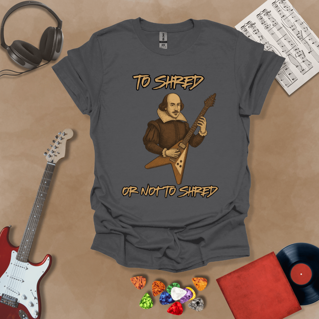Gray Shakespeare-inspired t-shirt design with text “To Shred or Not to Shred,” paired with guitar artwork.
