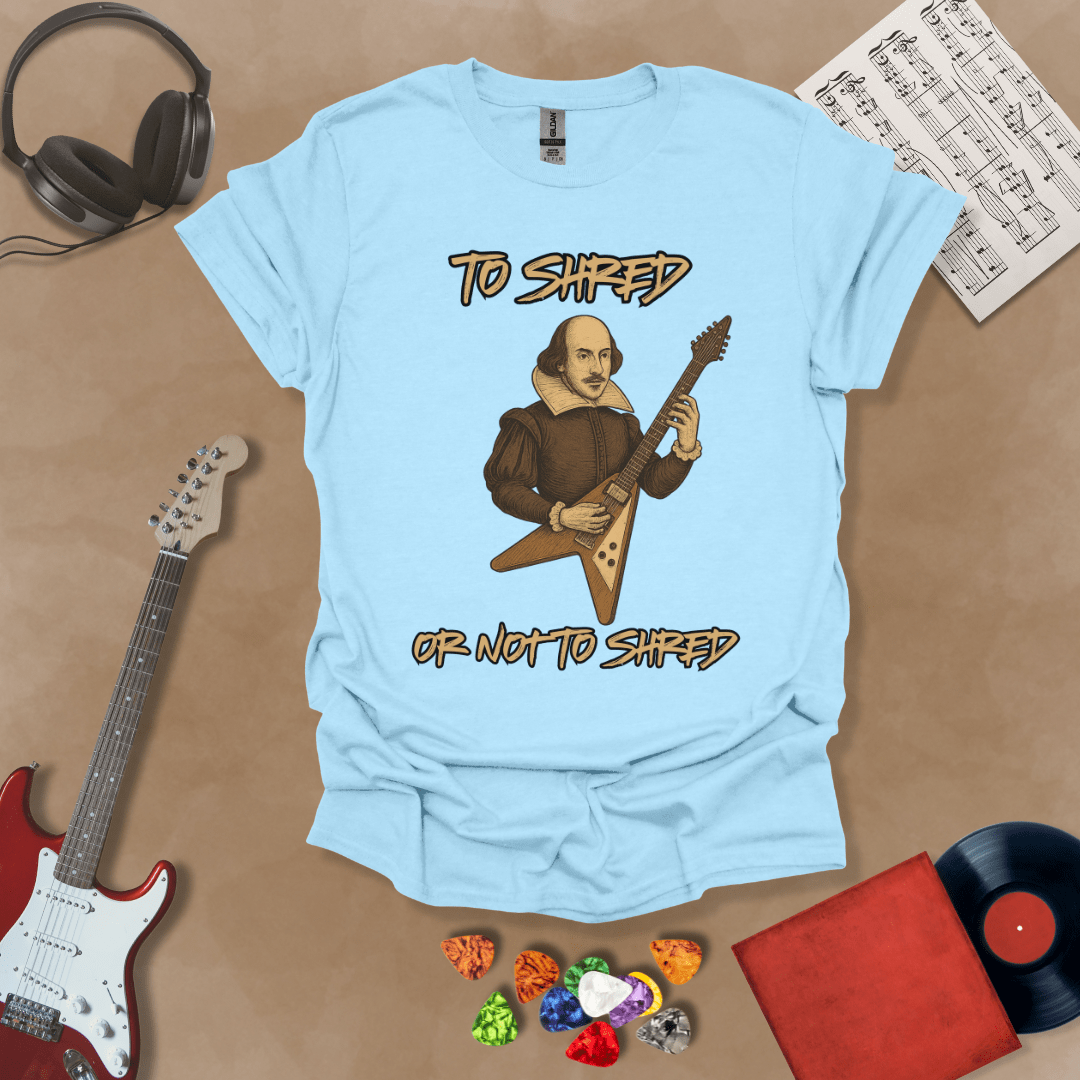 Blue Shakespeare-inspired t-shirt design with text “To Shred or Not to Shred,” paired with guitar artwork.