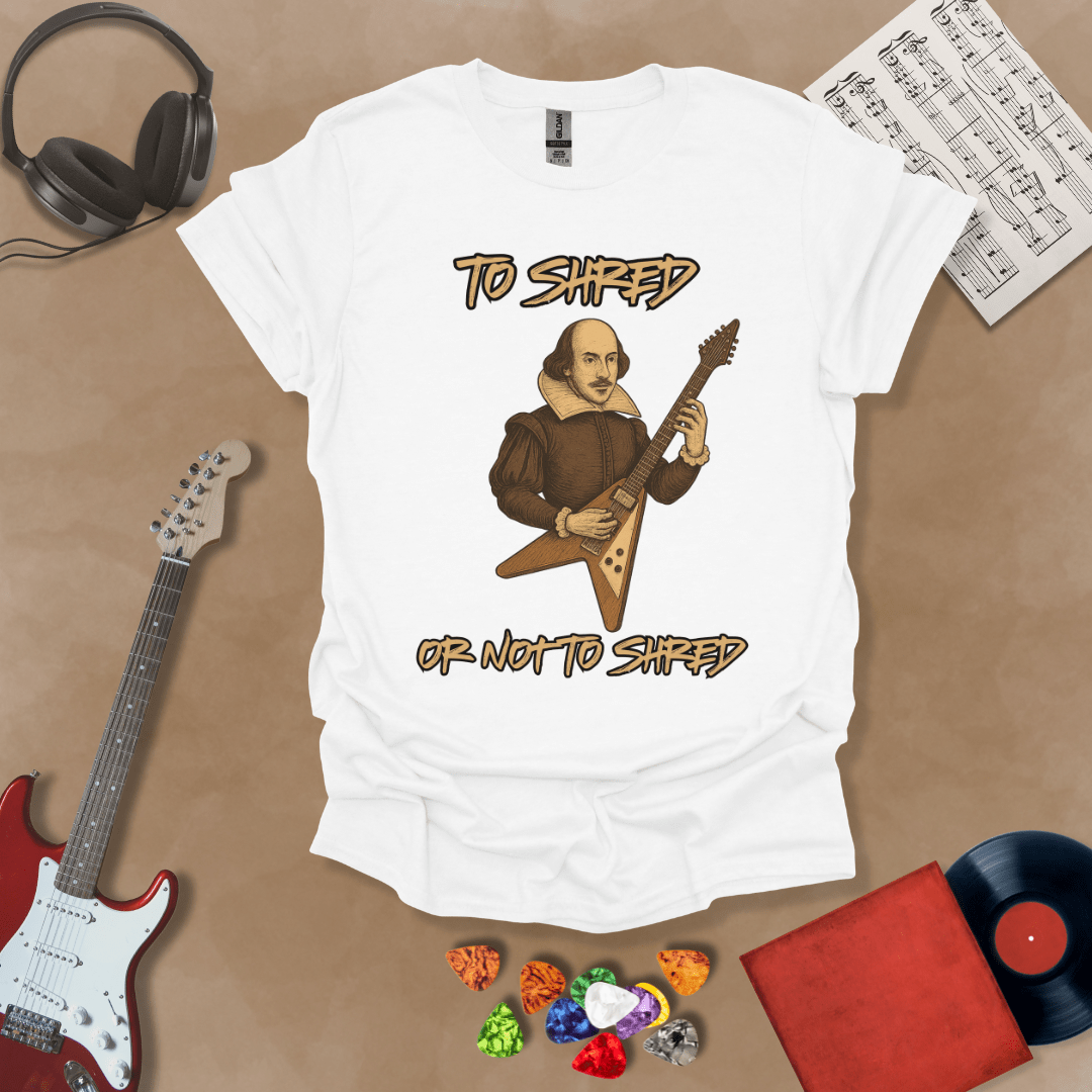 White Shakespeare-inspired t-shirt design with text “To Shred or Not to Shred,” paired with guitar artwork.