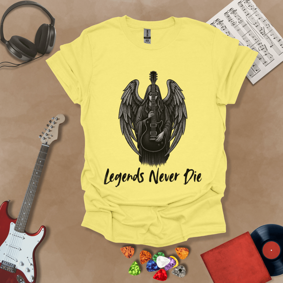 Yellow t-shirt with black illustration of angel with wings holding an electric guitar, text “Legends Never Die.”