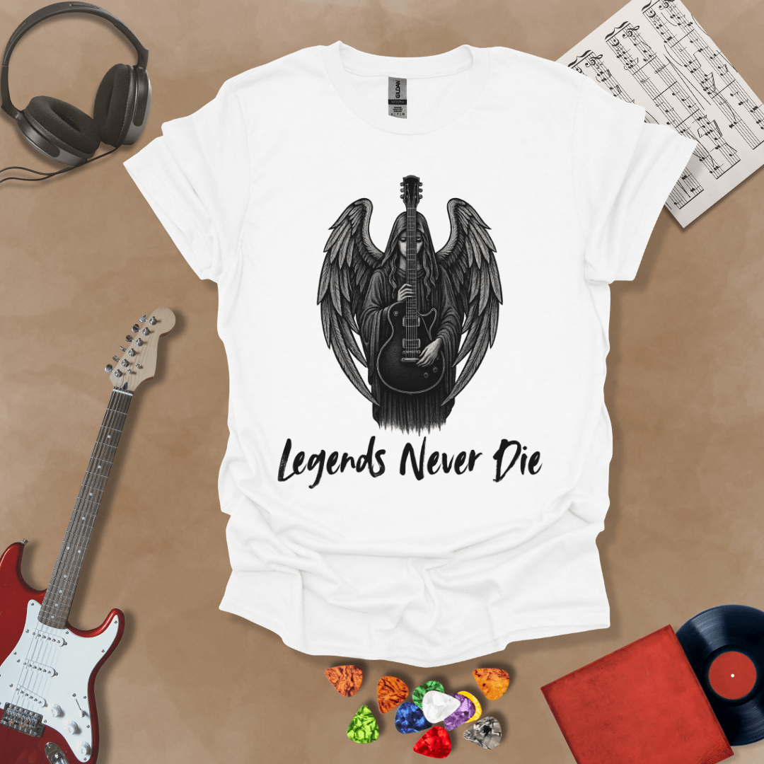 White t-shirt with black illustration of angel with wings holding an electric guitar, text “Legends Never Die.”