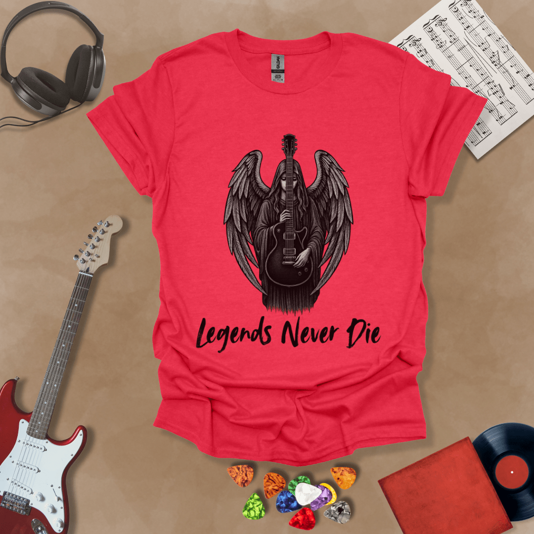 Red t-shirt with black illustration of angel with wings holding an electric guitar, text “Legends Never Die.”