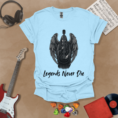 blue  t-shirt with black illustration of angel with wings holding an electric guitar, text “Legends Never Die.”