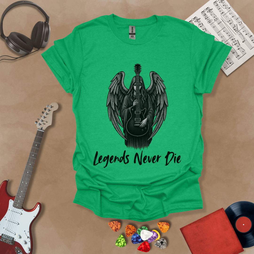 Green t-shirt with black illustration of angel with wings holding an electric guitar, text “Legends Never Die.”