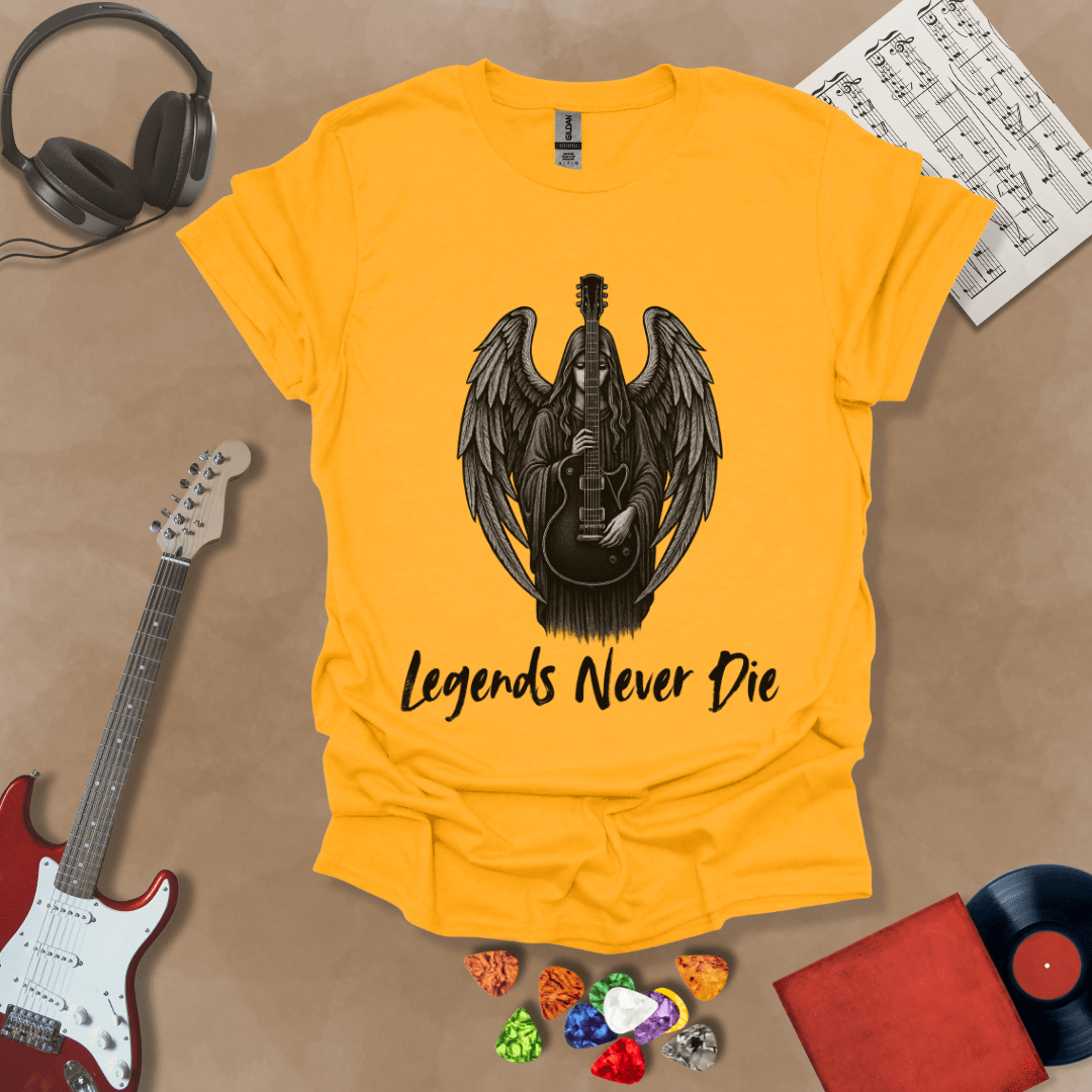 Yellow t-shirt with black illustration of angel with wings holding an electric guitar, text “Legends Never Die.”