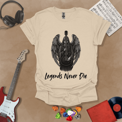 Beige t-shirt with black illustration of angel with wings holding an electric guitar, text “Legends Never Die.”