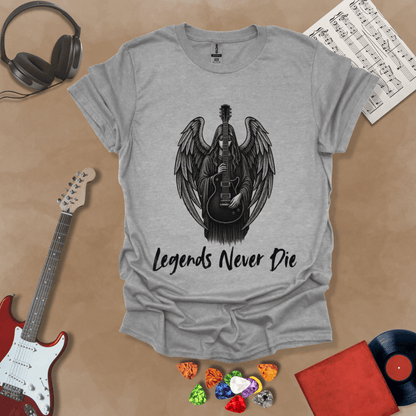 Gray t-shirt with black illustration of angel with wings holding an electric guitar, text “Legends Never Die.”