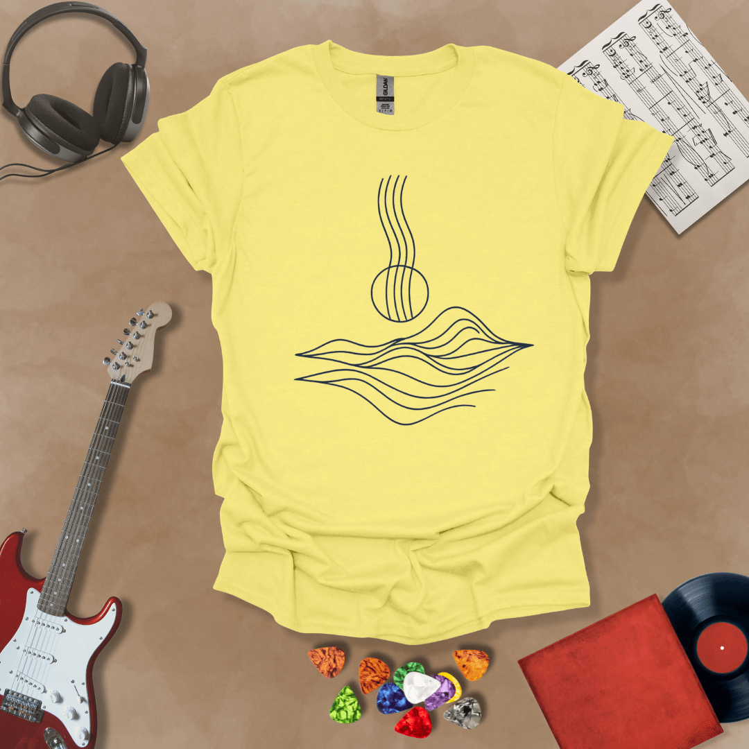 Yellow t-shirt with minimalist abstract line art resembling guitar strings flowing into wave-like shapes.