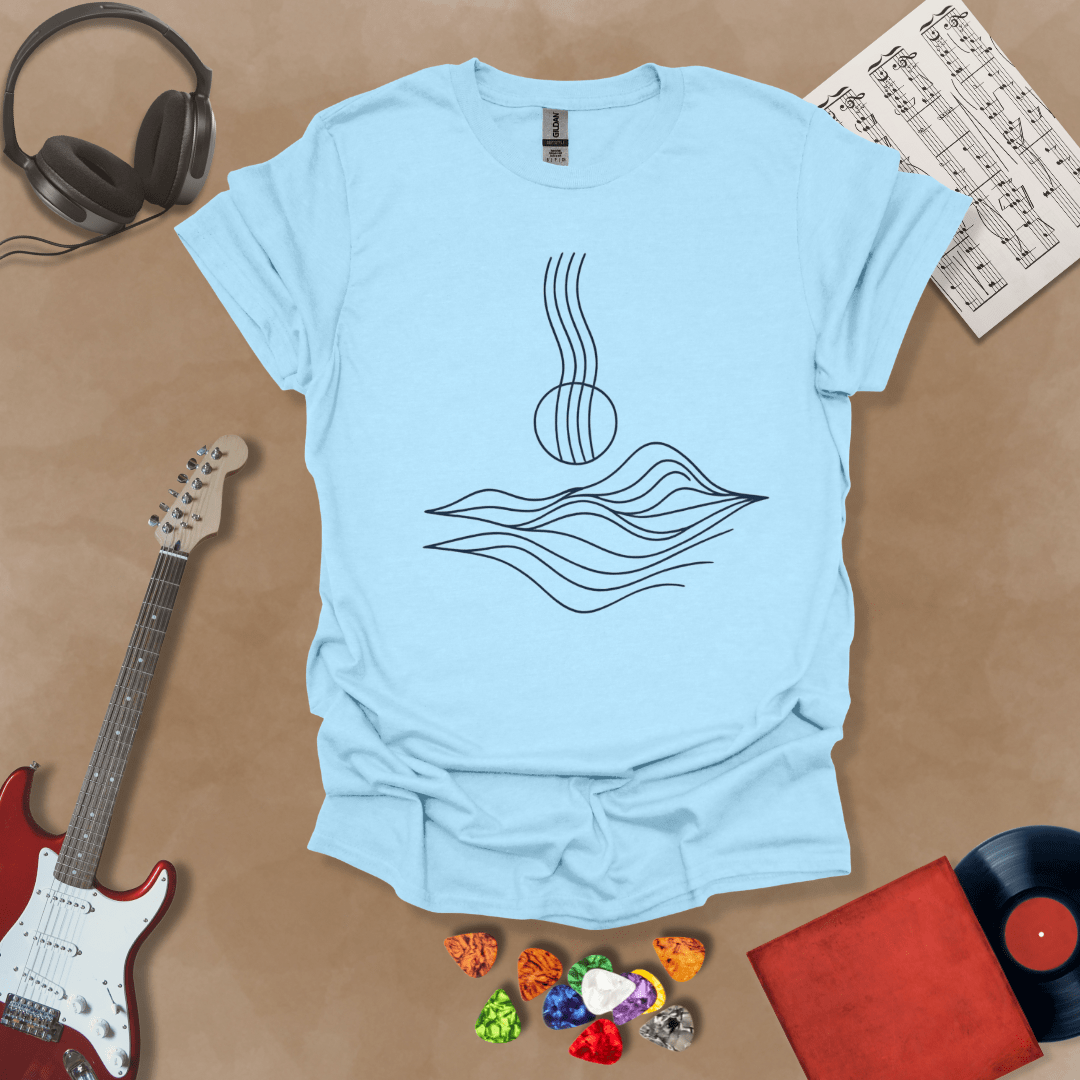 Blue t-shirt with minimalist abstract line art resembling guitar strings flowing into wave-like shapes.