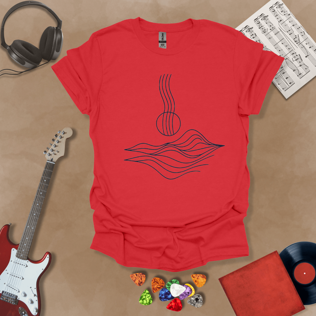 Red t-shirt with minimalist abstract line art resembling guitar strings flowing into wave-like shapes.