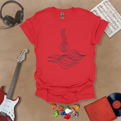 Red t-shirt with minimalist abstract line art resembling guitar strings flowing into wave-like shapes.
