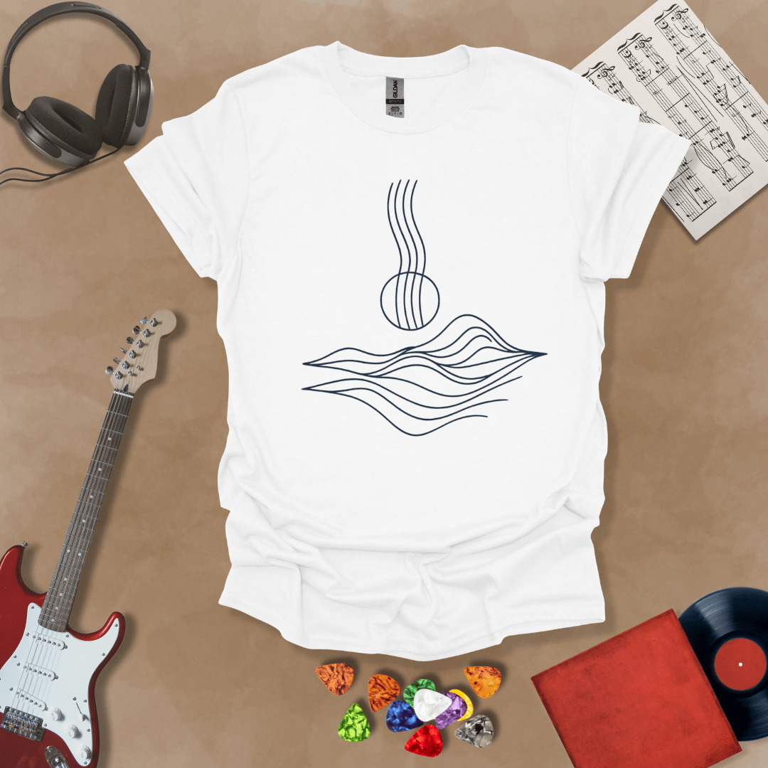 White t-shirt with minimalist abstract line art resembling guitar strings flowing into wave-like shapes.