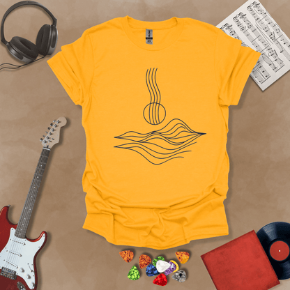 Yellow t-shirt with minimalist abstract line art resembling guitar strings flowing into wave-like shapes.