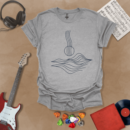 Gray t-shirt with minimalist abstract line art resembling guitar strings flowing into wave-like shapes.