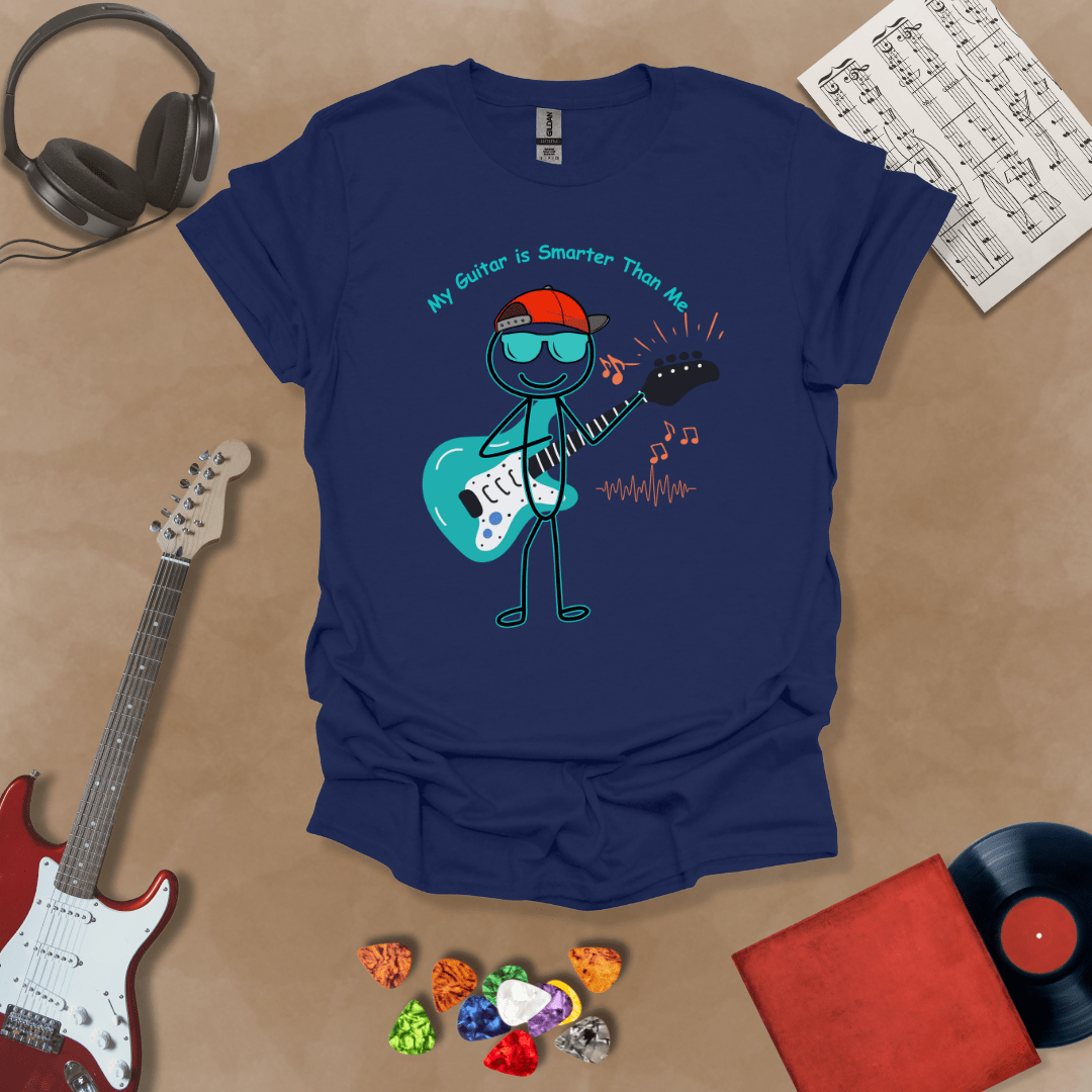 Navy t-shirt with cartoon stick figure wearing hat and sunglasses, holding teal guitar, text “My Guitar is Smarter Than Me.”
