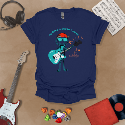 Navy t-shirt with cartoon stick figure wearing hat and sunglasses, holding teal guitar, text “My Guitar is Smarter Than Me.”

