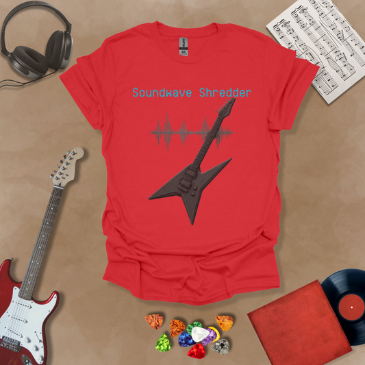 Red t-shirt with black V-shaped electric guitar placed over soundwave graphic, text “Soundwave Shredder.”
