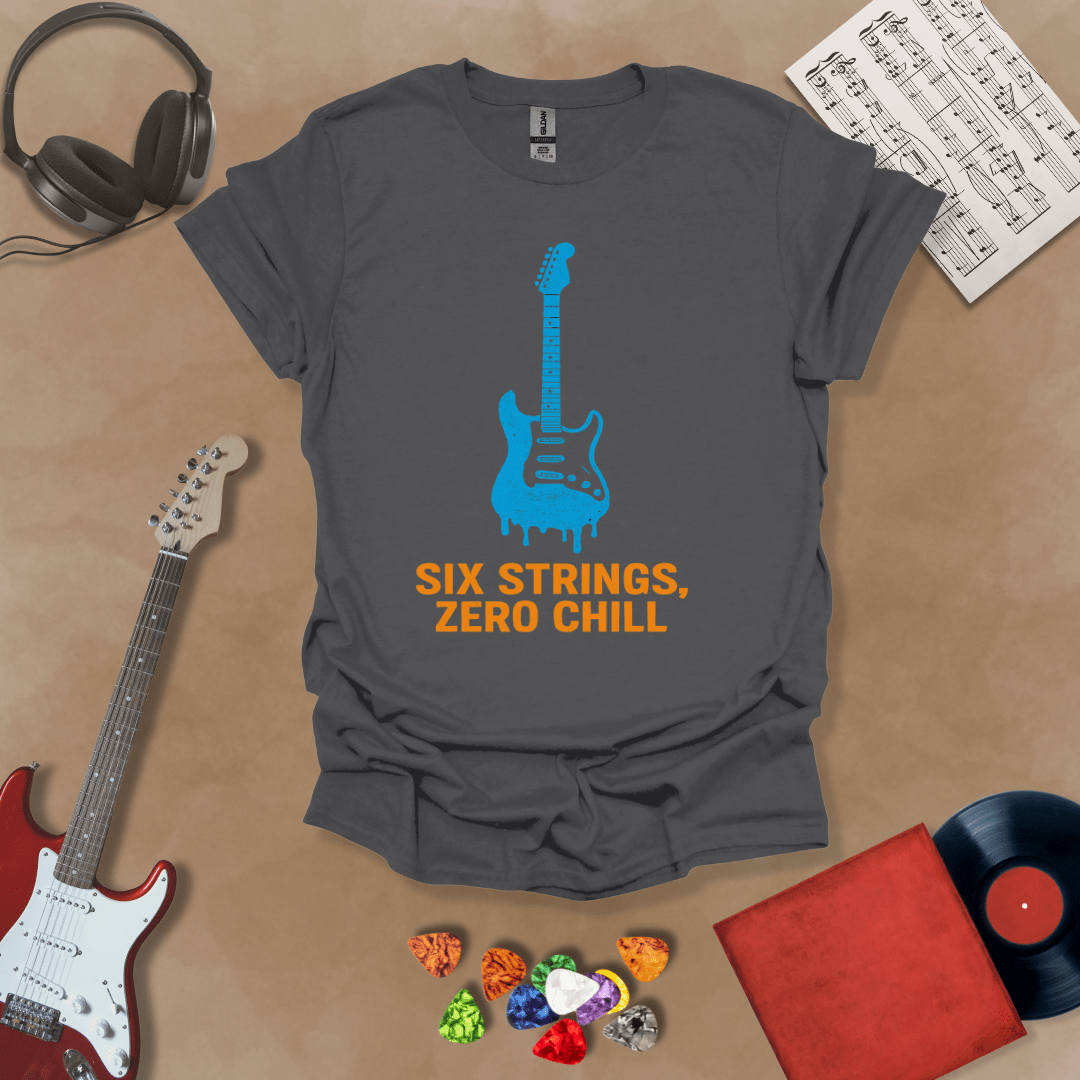 Gray t-shirt with dripping blue electric guitar graphic, text “Six Strings, Zero Chill.”
