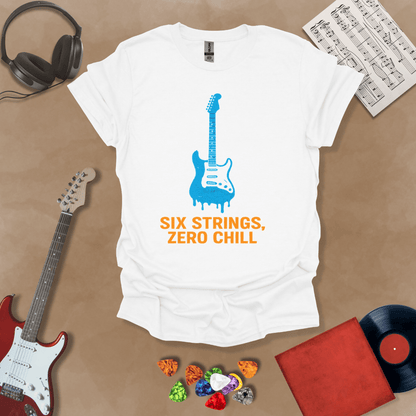 White t-shirt with dripping blue electric guitar graphic, text “Six Strings, Zero Chill.”
