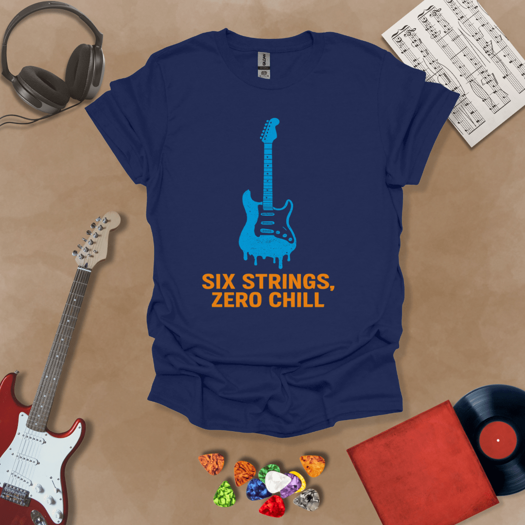 Navy t-shirt with dripping blue electric guitar graphic, text “Six Strings, Zero Chill.”
