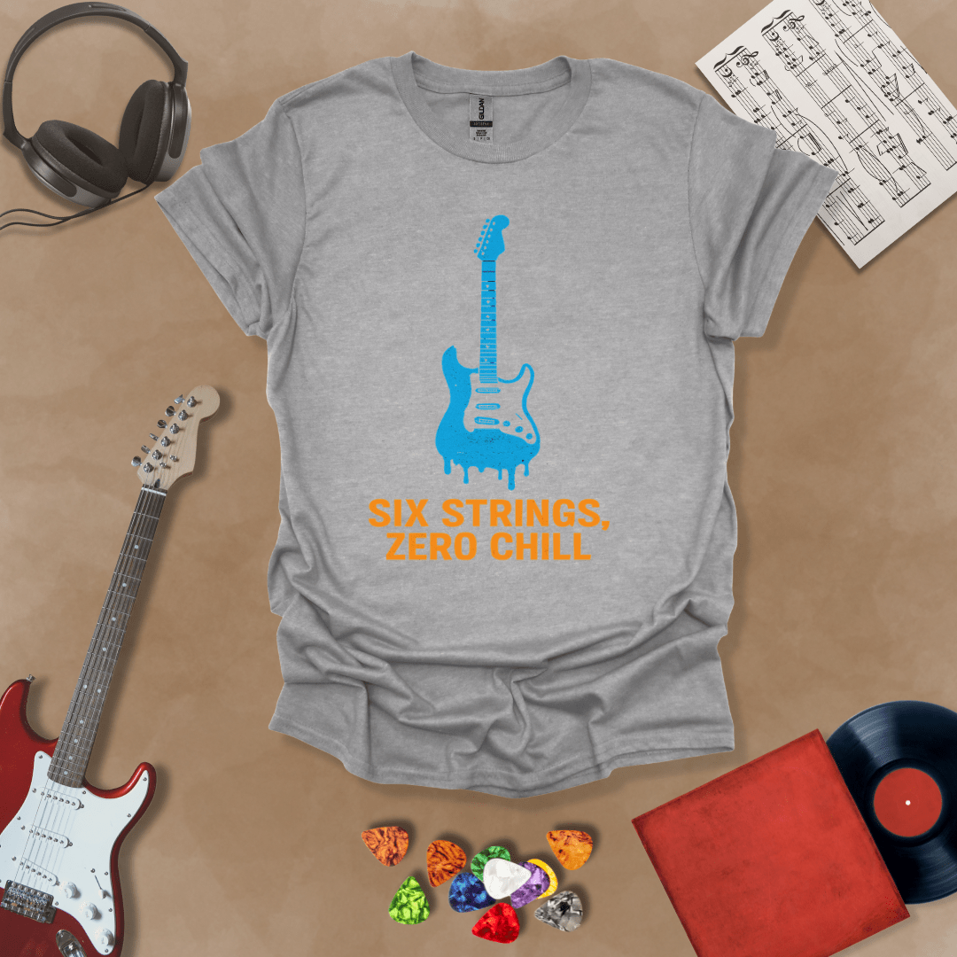 Gray t-shirt with dripping blue electric guitar graphic, text “Six Strings, Zero Chill.”
