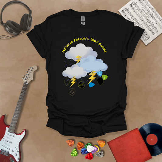 Black t-shirt with cartoon storm clouds raining guitar picks and yellow lightning bolts, text “Weekend Forecast: 100% Guitar.”
