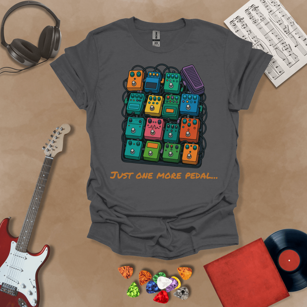 Gray t-shirt with graphic of multiple guitar pedals, text “Just One More Pedal.”