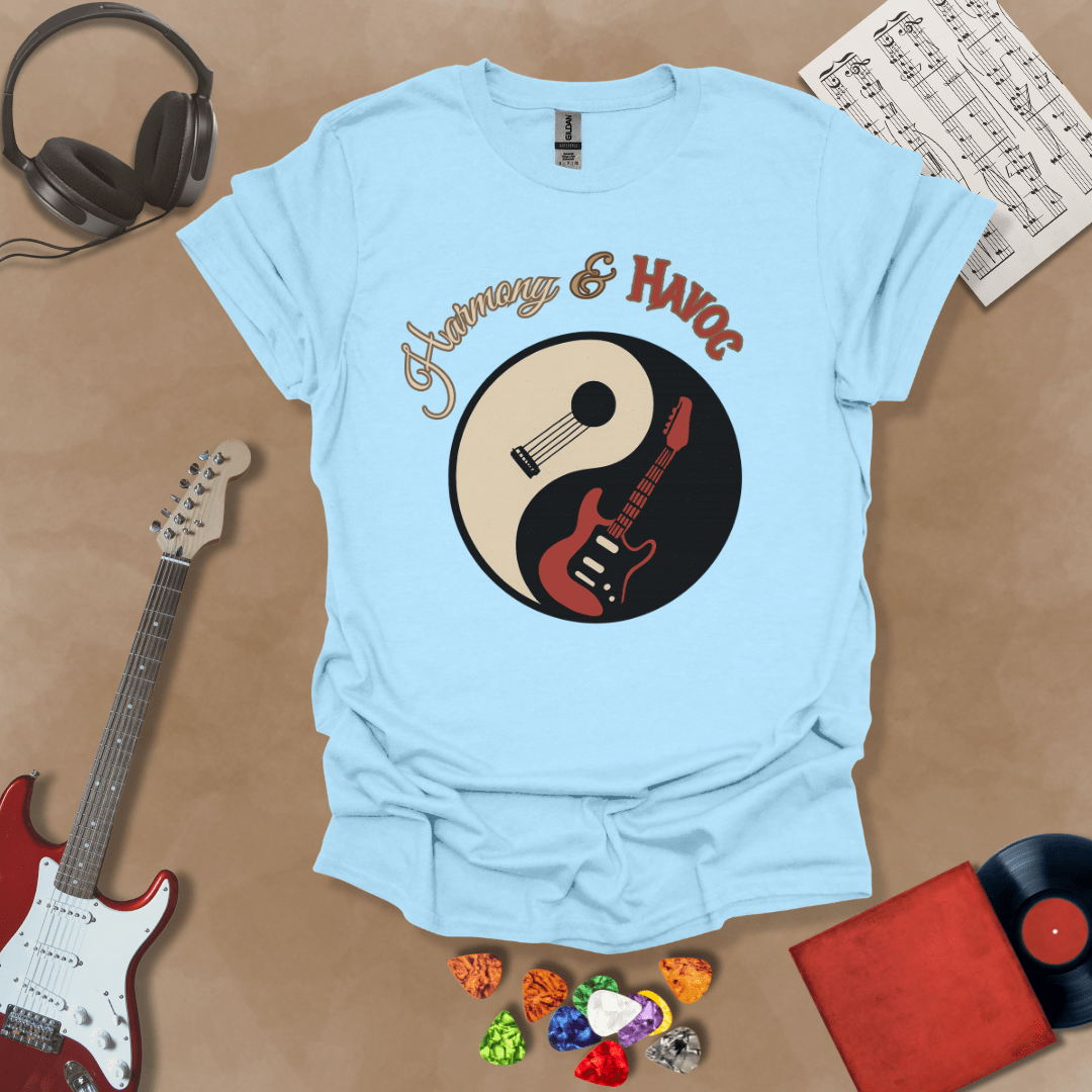 Light blue t-shirt with yin-yang design made from an acoustic and electric guitar, text “Harmony & Havoc.”