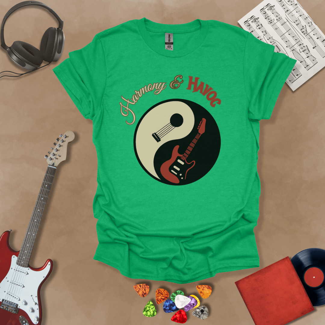 Green t-shirt with yin-yang design made from an acoustic and electric guitar, text “Harmony & Havoc.”