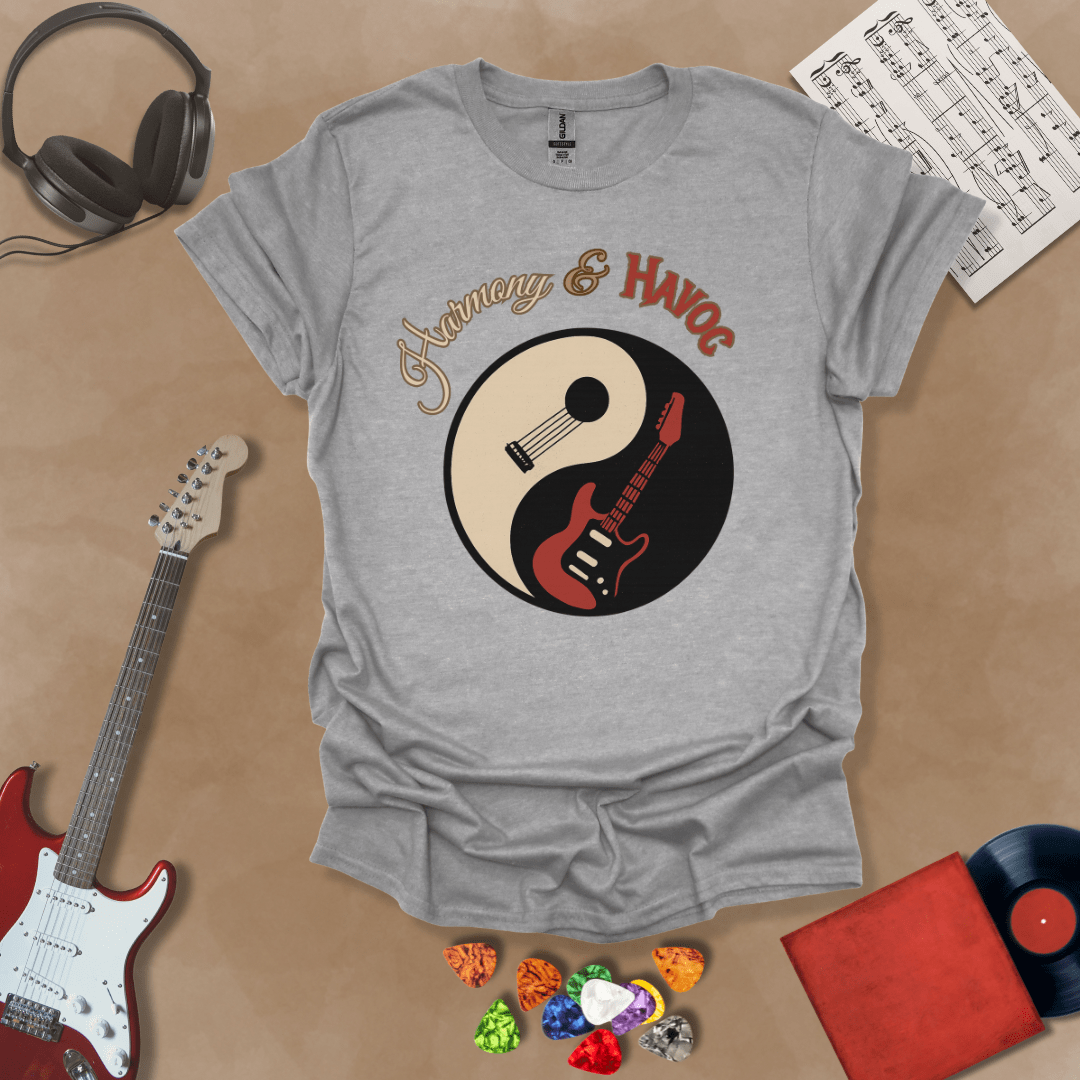 Gray t-shirt with yin-yang design made from an acoustic and electric guitar, text “Harmony & Havoc.”